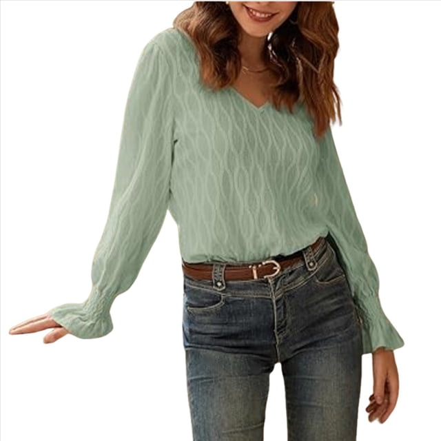 Camisa de Larga para Mujer, Moda de Otoño, Color Liso, Cuello en V, Camiseta de Larga. Verde S