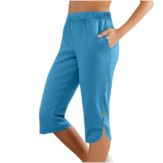 Besolor Capris Pants for Women Solid Color Elastic Waist Button Stretch Drawstring Summer Pants with Pockets