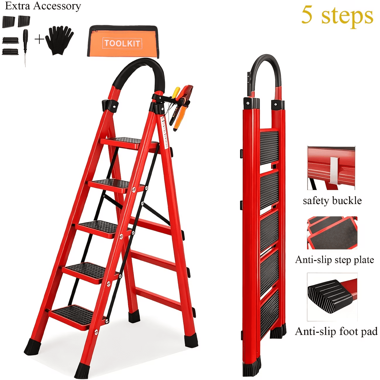 2/3/4/5-Step Ladder, Lightweight Folding Step Stool with Extra-Wide Anti-Slip Steps, 330 Lbs Capacity, Compact Space-Saving Design for Home, Kitchen.