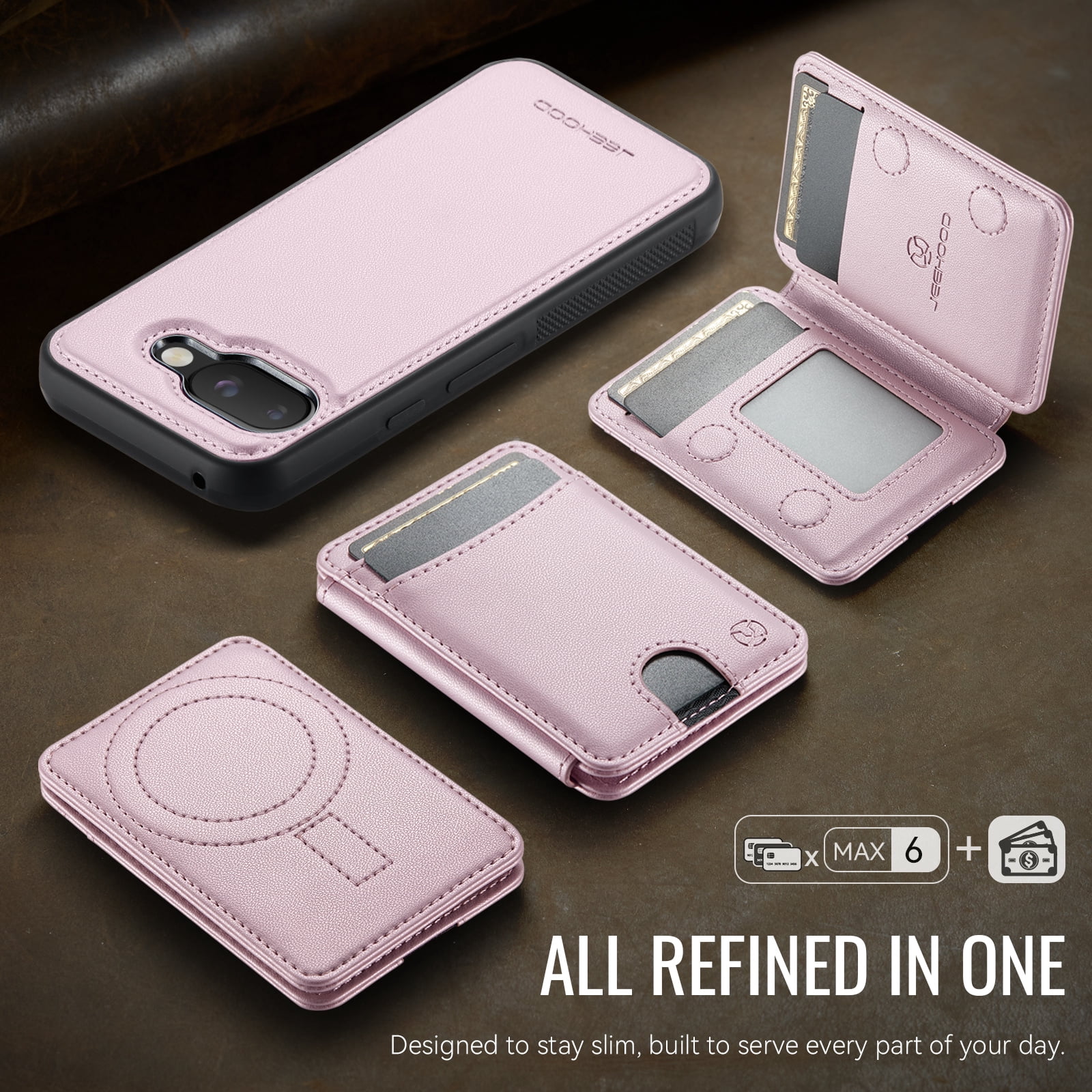 For Google Pixel 10A Phone Case,2-in-1 Magnetic Removable Flip Card Holder,Compatible With Mag-Safe,Anti-Scratch PU Leather,With Card Slots,Kickstand,Shockproof Durable Phone Case,Pink