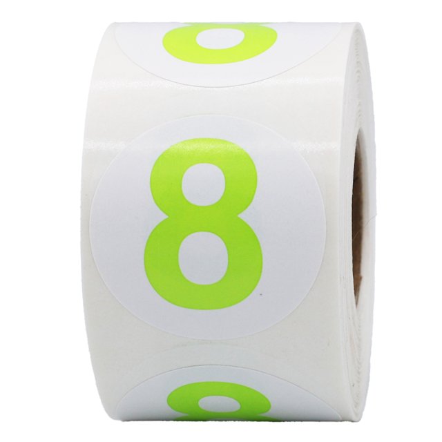 Hot Green Number 8 Circle Stickers | 1.5" Inches Round | 500 Pack