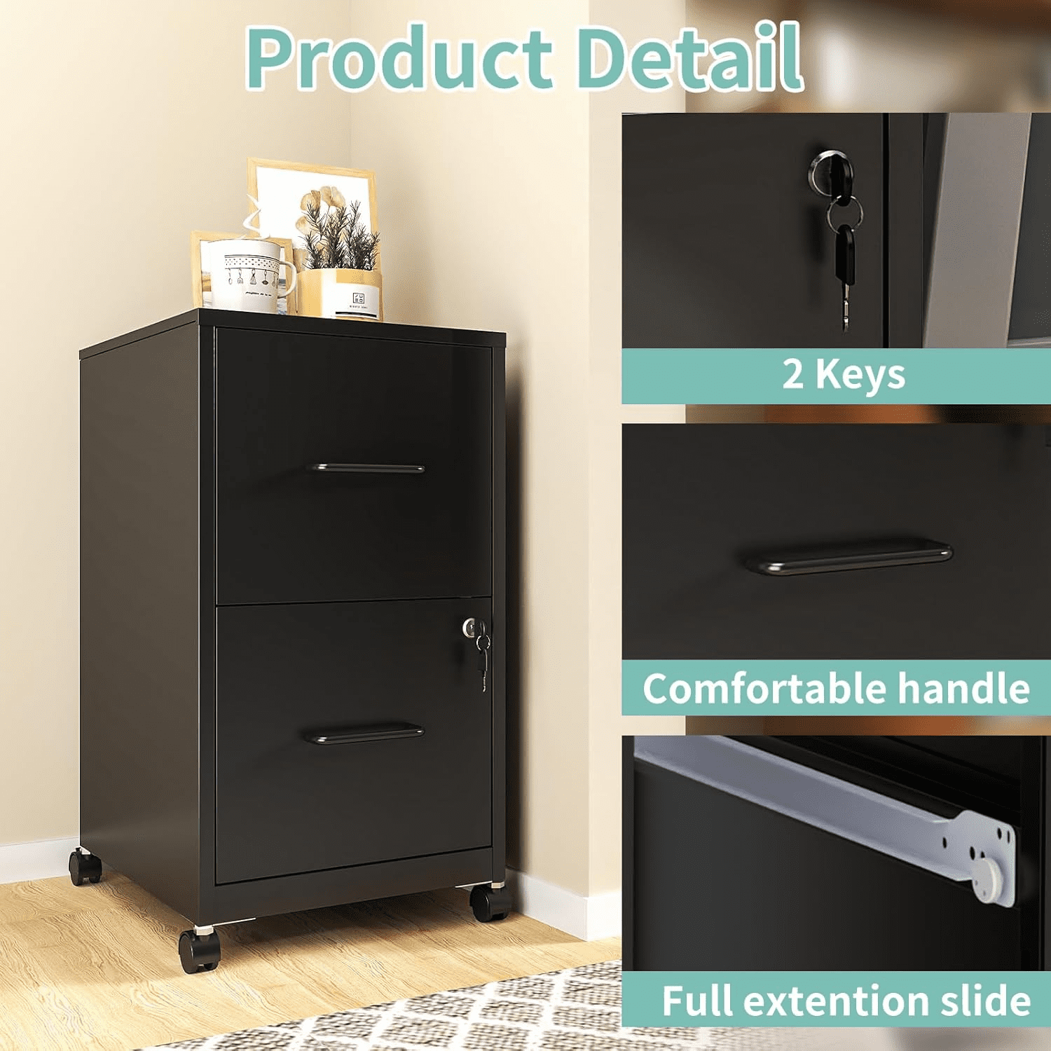 IKIMI 2-Drawer Vertical File Cabinets with Lock, Portable Rolling Metal Filing Cabinet for Legal/Letter/A4 Files, Black