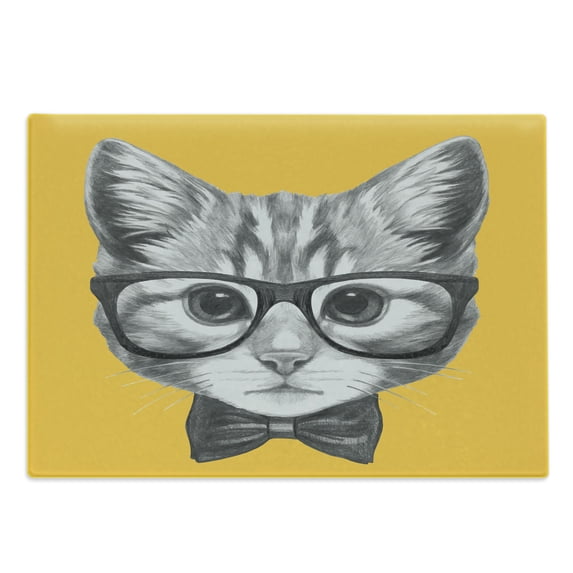 Animal Cutting Board, Sketchy Hand Drawn Design Hipster Cat Kitten Glasses Image Print, Decorative Tempered Glass Cutting and Serving Board, Large Size, Mustard Grey, by Ambesonne