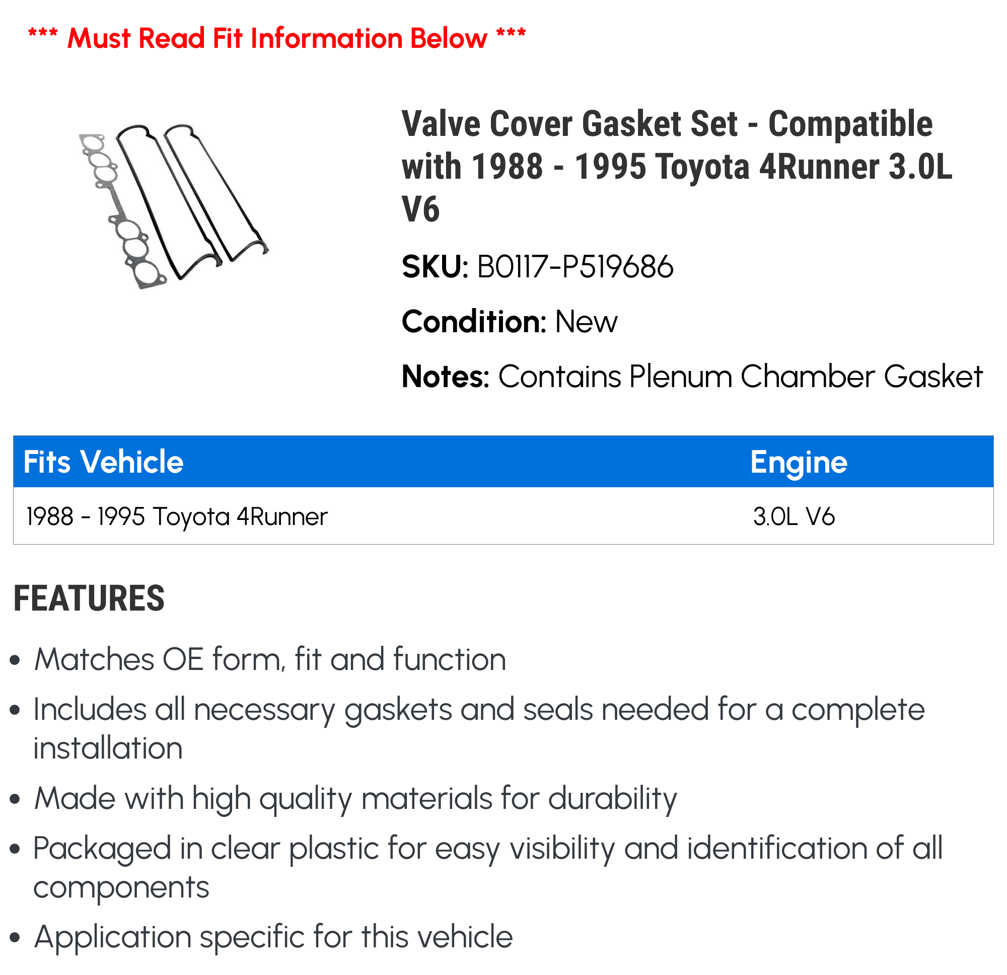 Valve Cover Gasket Set - Compatible with 1988 - 1995 Toyota 4Runner 3.0L V6 1989 1990 1991 1992 1993 1994