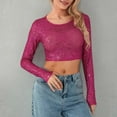 thumbnail image 4 of Womens Tops Sequin Top Glitter Party Club Jumper Long Sleeve Crew Neck Crop Skinny Sparkly Tee Crop Tops for Women, 4 of 5