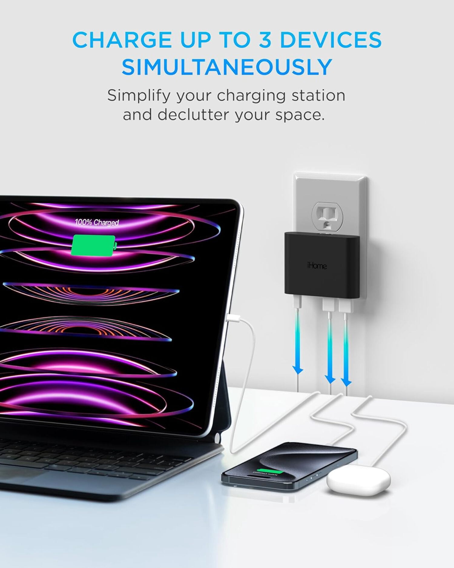 iHome 32W AC Pro Wall Charger, 3-Port (1 USB-C, 2 USB-A), Fast Charging, Universal Compatibility