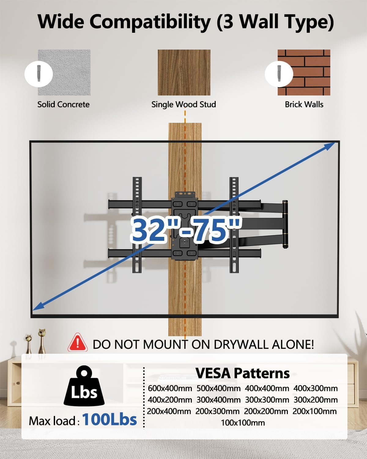 FORGING MOUNT Full Motion Swivel Tilt TV Wall Mount for 32-75 inch TVs, 33 inch Extension, Holds 99lbs, Max 600X400mm