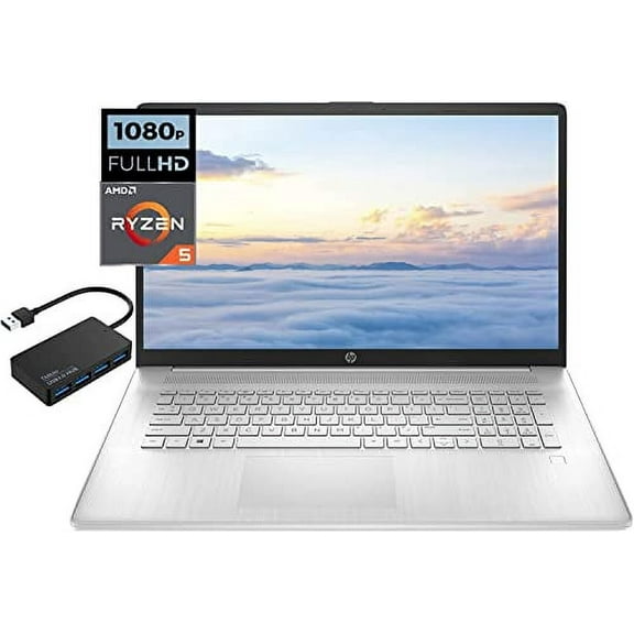 HP 17.3" FHD Display (1920 x 1080) Laptop, 6-core AMD Ryzen 5 5500U, 8GB RAM 1TB SSD, Wi-Fi 5(1x1), Bluetooth 4.2, Windows 10 Home (S Mode), Natural Silver, Bundle with Lanbertent 4-Port USB Hub