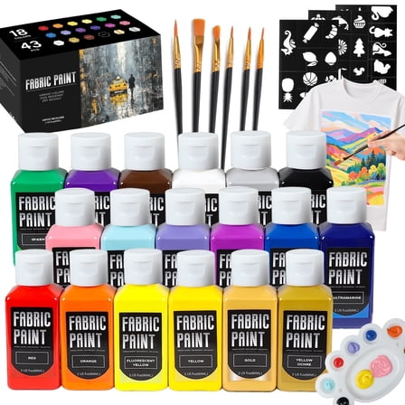 Tmol 18 Vibrant Acrylic Fabric Paint Set (2oz/60ml), Permanent & Washer-Safe, Non-Toxic Certified with Brushes & Stencils, for Clothes & DIY Art