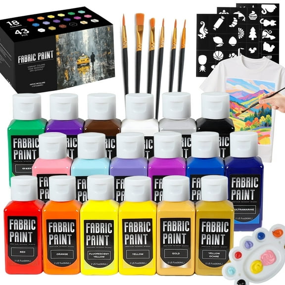 Tmol 18 Vibrant Acrylic Fabric Paint Set (2oz/60ml), Permanent & Washer-Safe, Non-Toxic Certified with Brushes & Stencils, for Clothes & DIY Art