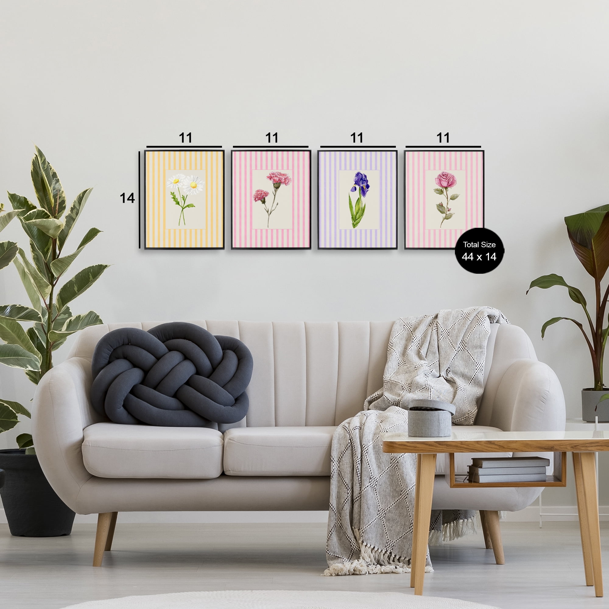 Cottage Stripe Sprigs 4 Piece Black Framed Giclee Art Set, design by Lisa Wehmeyer