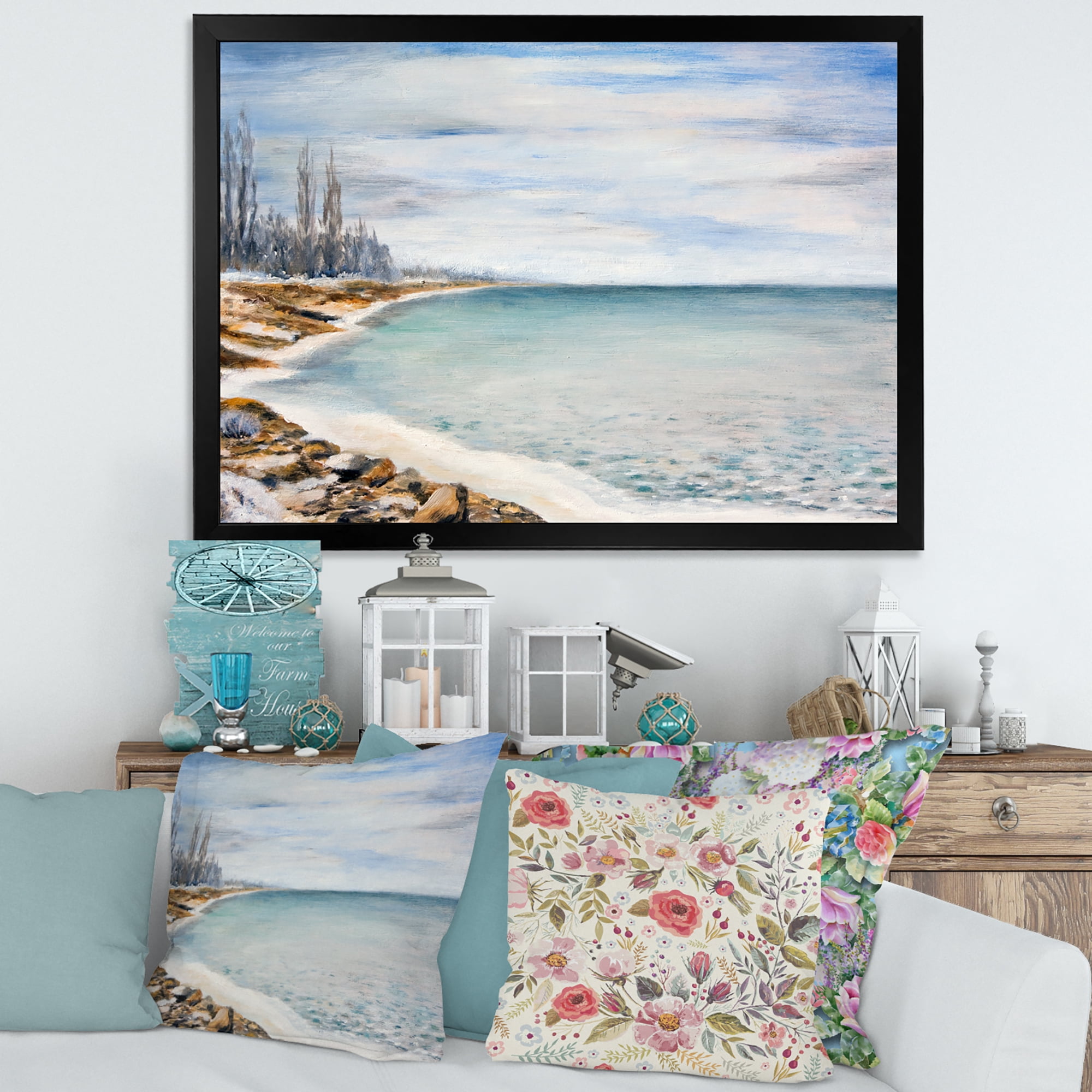 Designart 'Beach Is Covered With Ice' Nautical & Coastal Framed Art Print