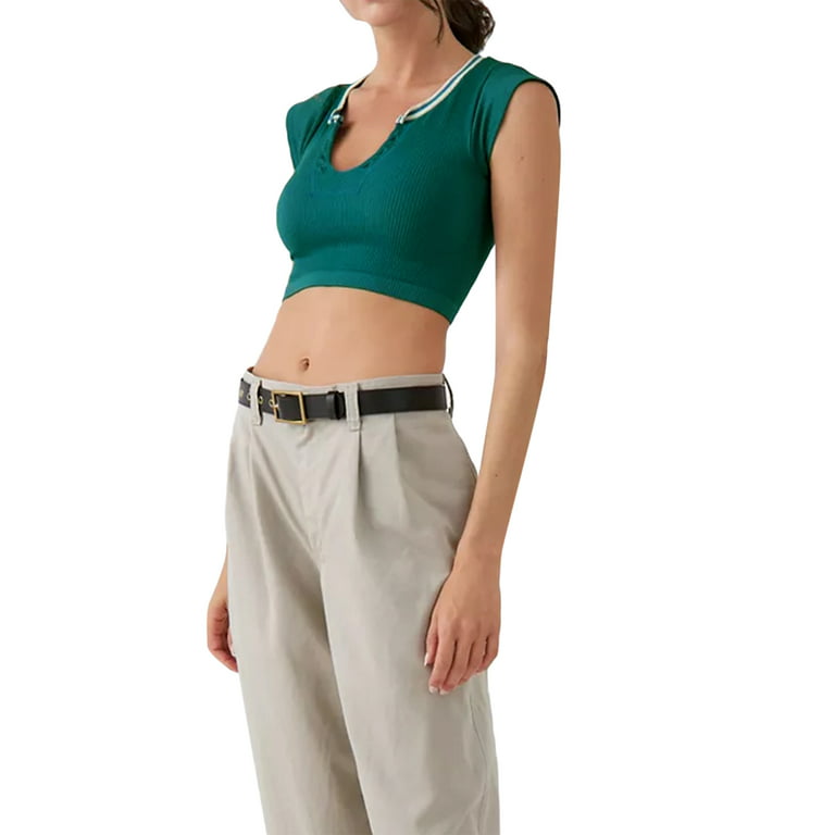 Women's Short T-Shirt Short Sleeve V-Neck Sexy Ribbed Crop Top Summer Tank  Tops Slim Fit Tee Stretchy Navel Shirt Casual Streetwear 