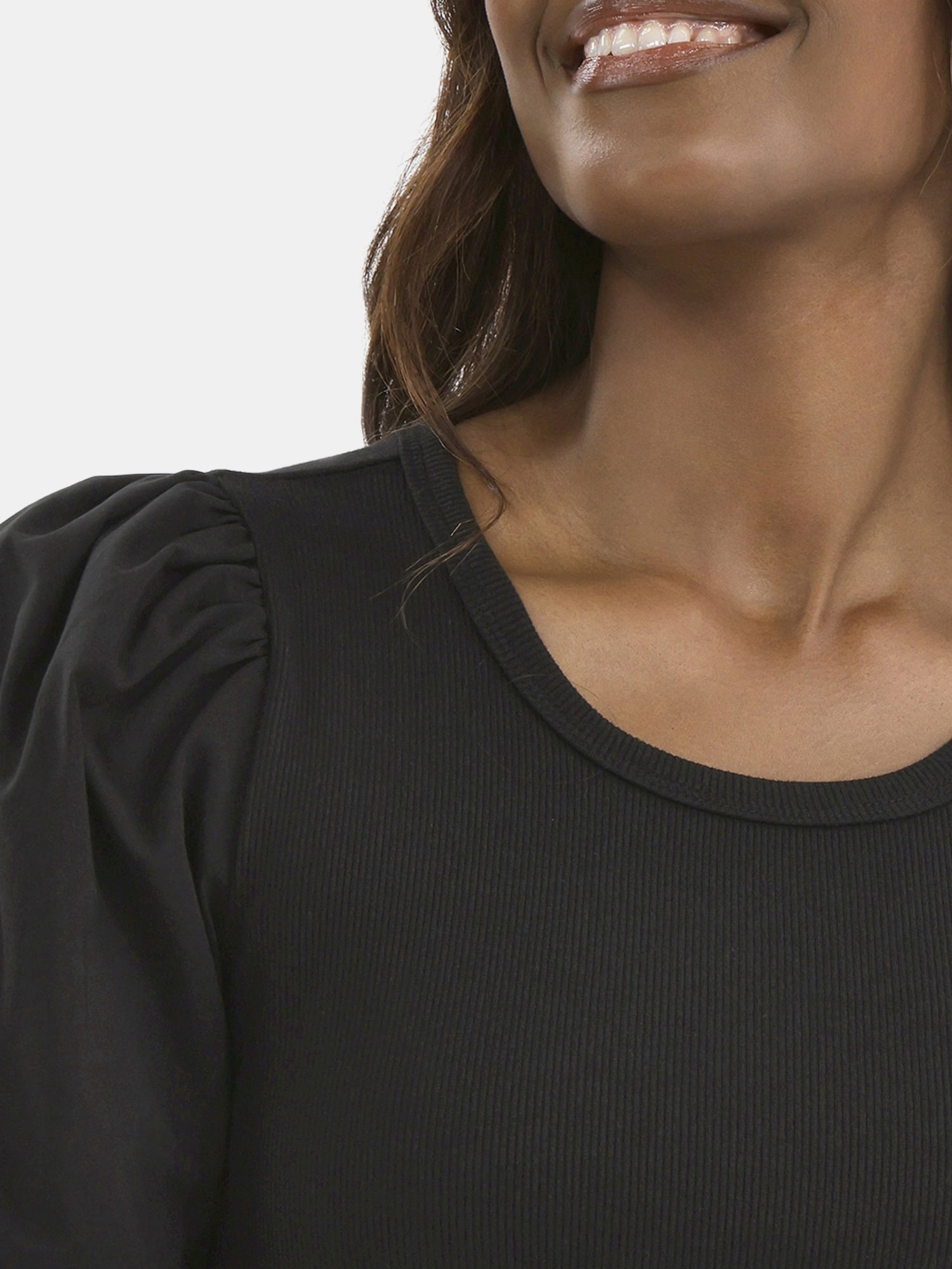Time and Tru Women's Mixed Media Top with Puff Sleeves, Sizes XS-XXXL