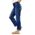 thumbnail image 3 of Pantalones Vaqueros Boyfriend Rectos de Tiro Medio para Mujer, de Mezclilla Elástica y Rasgada, A . Azul Oscuro S, 3 of 8