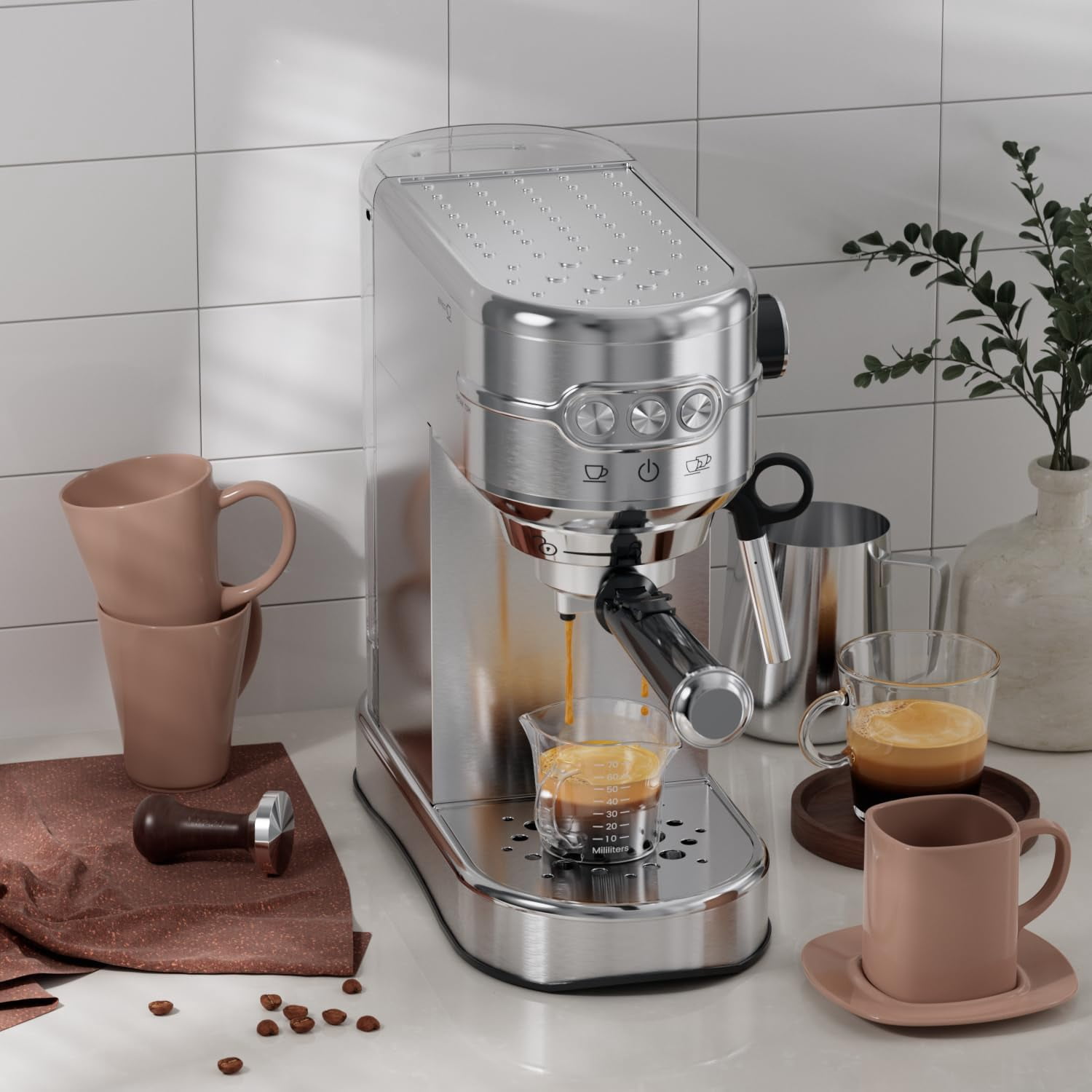 , Compact Espresso Maker, Stainless Steel Expresso Coffee Machines with Steam Milk Frother & 34oz Removable Water Tank for Home, Cappuccino Machine, Great Gift
