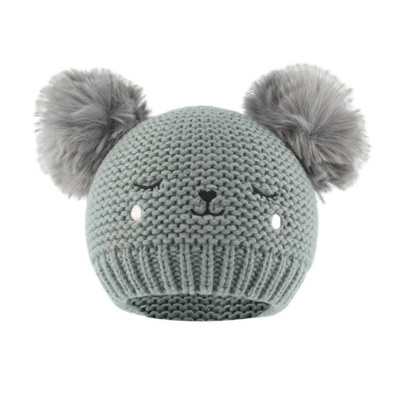Zwiiyzr Cute Bear Baby Beanie Pompom Baby Boys Fleece Lined Hat Infant Toddler Winter Knitted Beanies for Girls Boys 0-3 Years Gray
