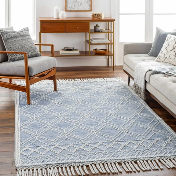 Hauteloom Edel Recycled Material Living Room, Bedroom Area Rug - Bohemian, Transitional - White, Sky Blue - 27" x 45"