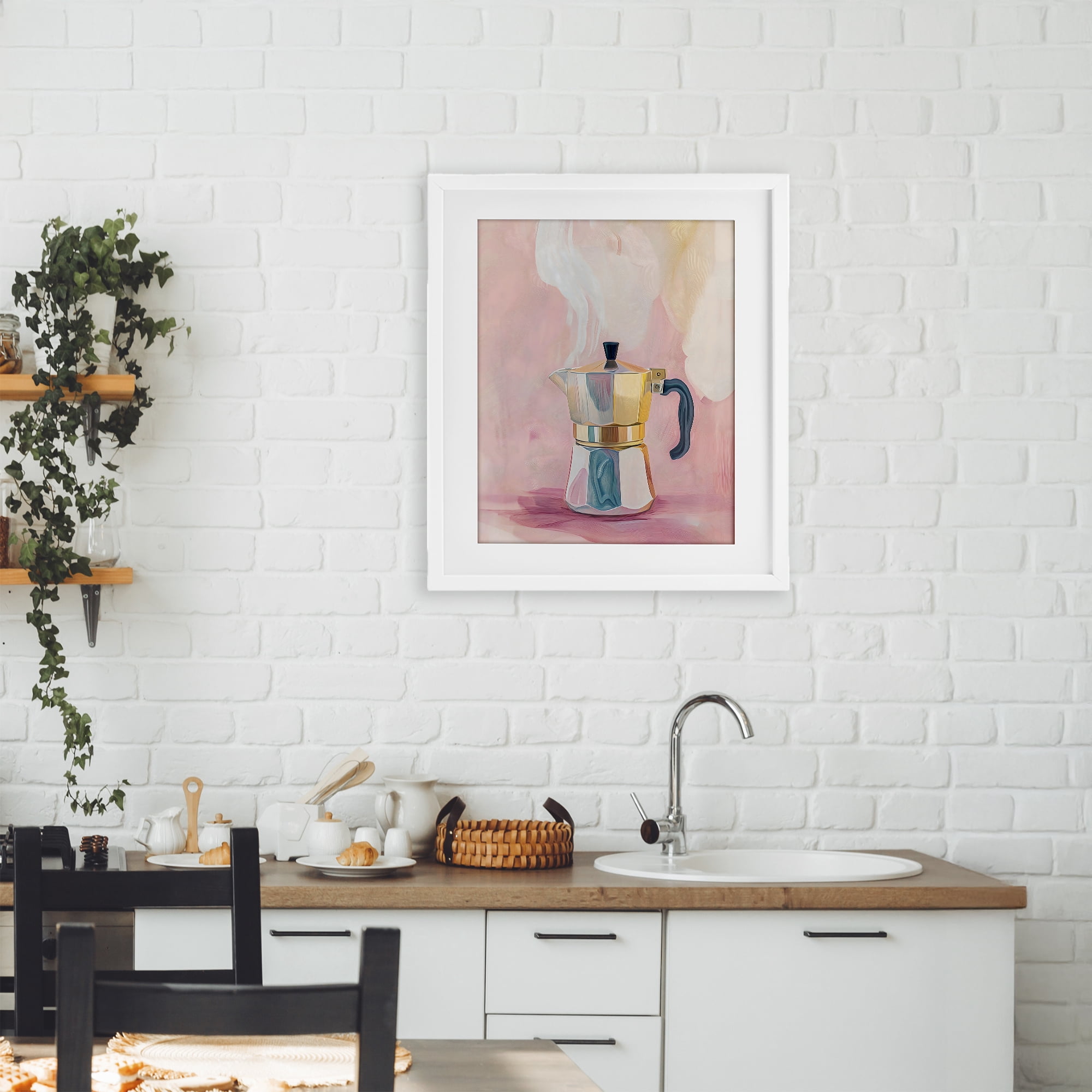 Stupell Industries Vintage Coffee Maker on Pink White Framed Print Under Glass, design by The Prints Vibe