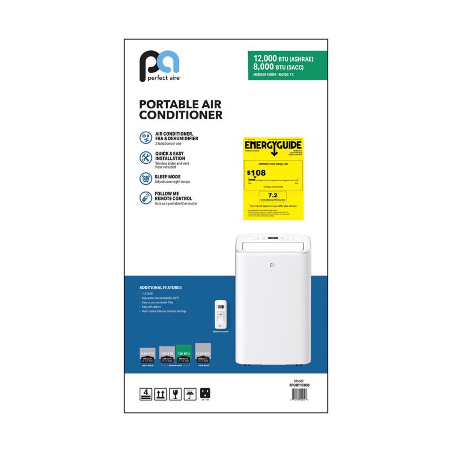 Perfect Aire 350 sq ft 3 speed 12000 (8000 SACC) BTU Portable Air Conditioner with Remote