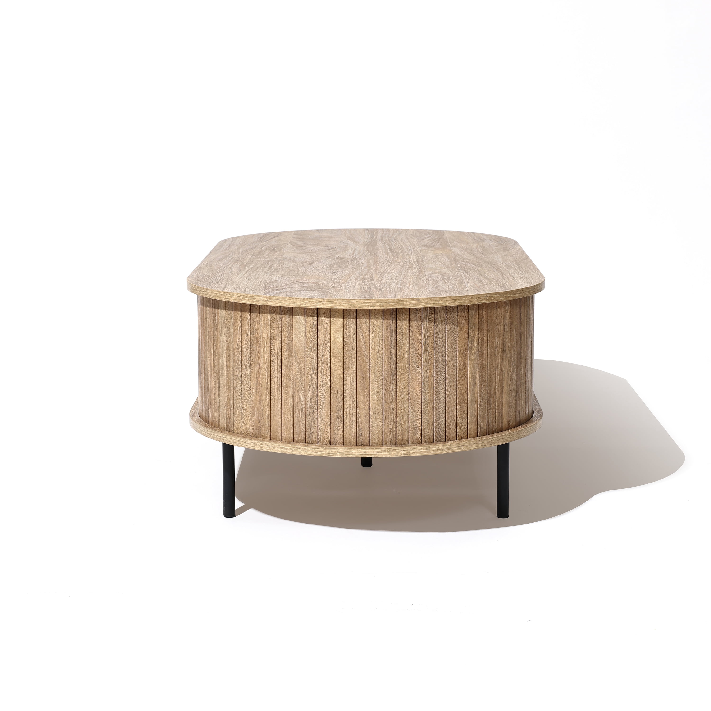 LuxenHome Oval Coffee Table with Storage, 47" Mid Century Modern Fluted Coffee Tables for Living Room, Wooden Sliding Door Boho Storage Center Table for Home, Office