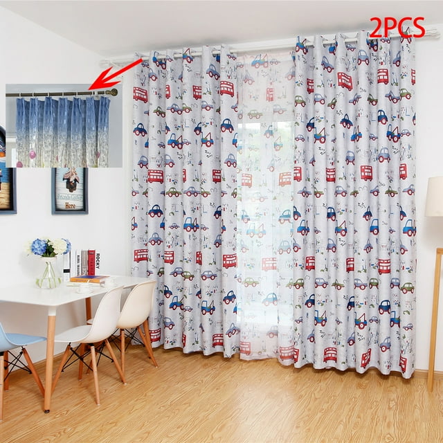 facefd 2 Pcs Rideaux de Fenêtre Imprimés Voiture de Dessin Animé Tringle Rideaux Transparents Panneaux de Rideaux Poche Rouge pour Chambre d'Enfants