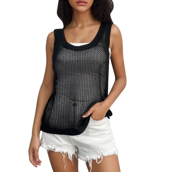 Shiyifun Blouses for Women Casual Solid Color Sleeveless Crew Neck Tops with Crochet Mesh Knit Trendy Comfortable Womens Tank Tops, Size S-XL
