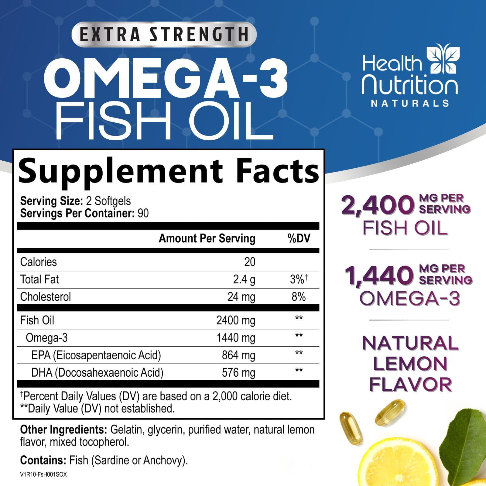 Omega 3 Fish Oil Supplements - 2400mg Fish Oil Per Serving - Triple Strength Omega-3 with EPA & DHA Fatty Acids - Natural Heart, Brain & Immune Support - Wild Caught, Bottled in USA - 180 Softgels