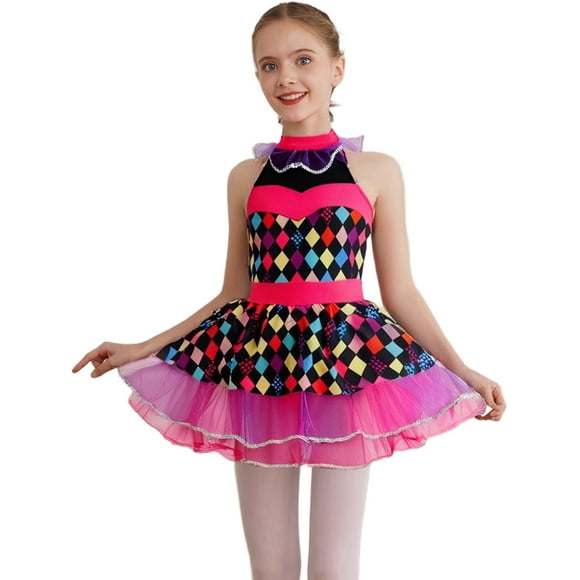 YiZYiF Girls Rainbow Clown Performance Outfit Ruffles Halter Neck Leotard and Tutu Skirt Fluorescent Hot Pink 14