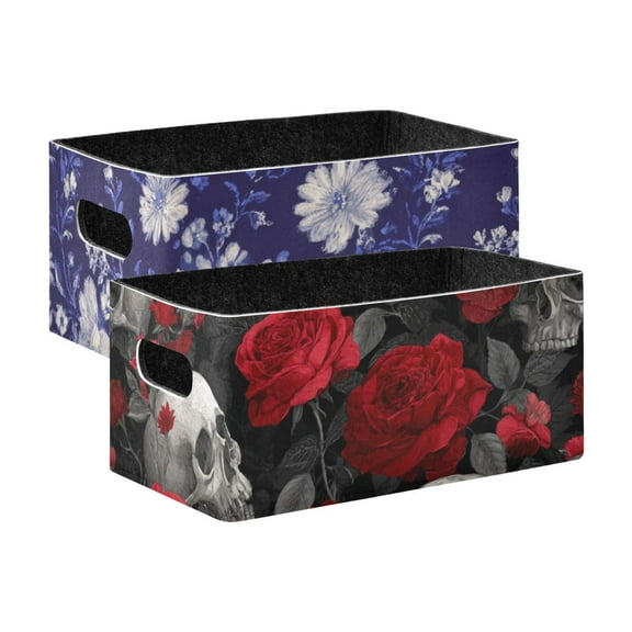 2 Pack Living Room Bed Room Felt Storage Baskets Boxes Foldable Organizer With Handles White Navy Blue skulls&red Roses