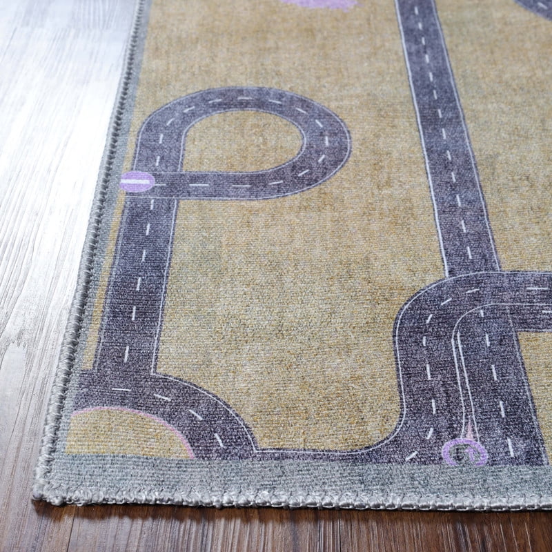 Superior Country Road Non-Slip Washable Indoor Play Rug, 5' x 5', Mossy Gold