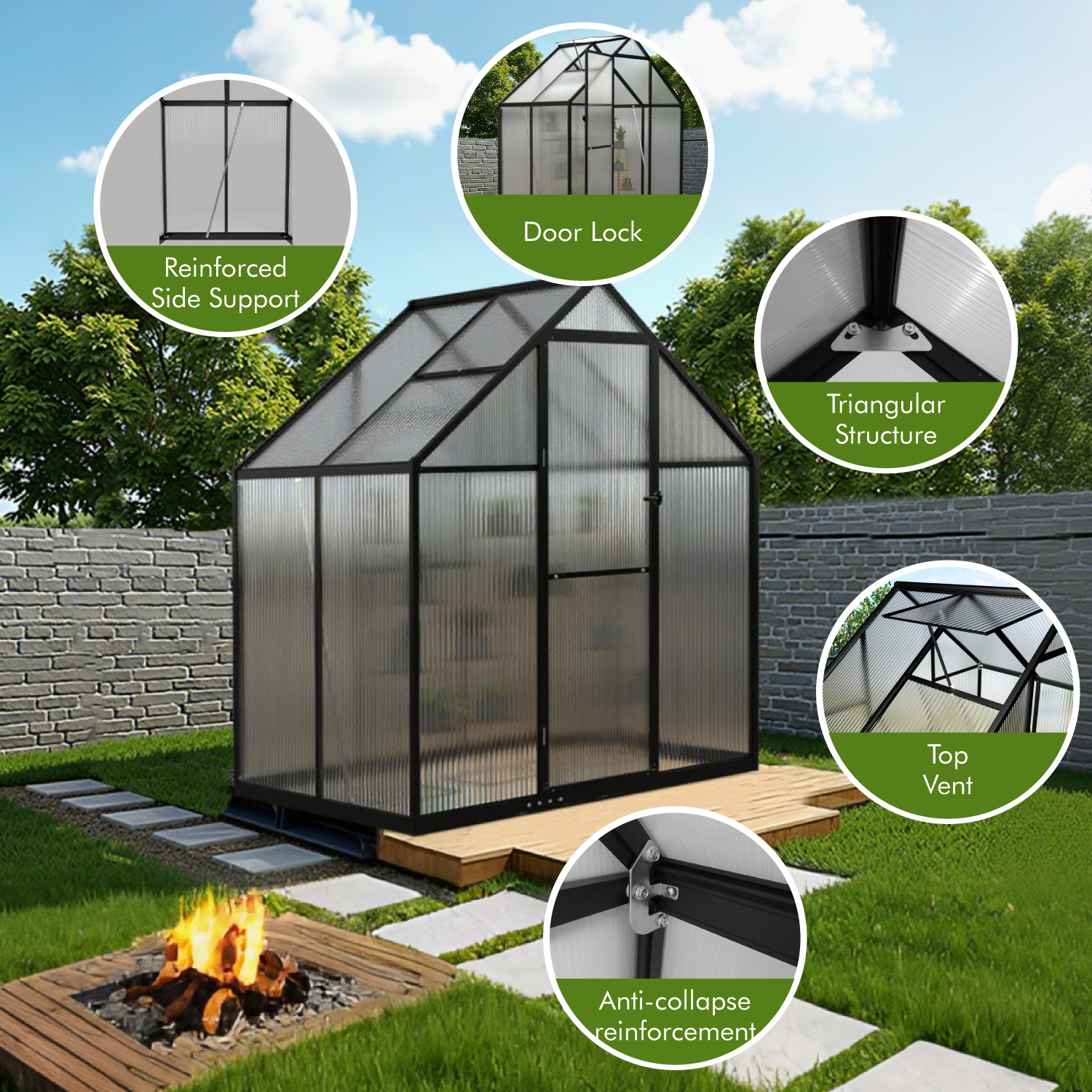 Sylviera 6x4ft Walk-in Greenhouse with Thermometer, Polycarbonate Panels, Reinforced Aluminum Frame, Compact Backyard & Patio Green House with Adjustable Roof Vent