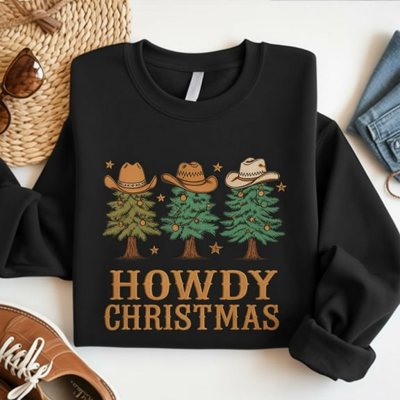 Howdy Christmas Embroidered Sweatshirt, Christmas Tree Embroidered Shirt, Western Cowboy Shirt, Cowboy Hat Hoodie, Merry Christmas Gift