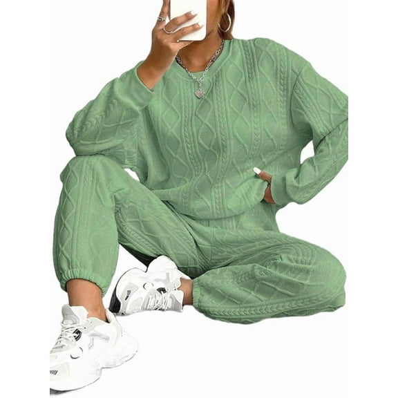 Women'S Sweatsuit 2 Piece Outfit, Plain Oversized Crewneck Sweatshirt and Sweatpants Set, Pullover Lounge Sets Green S