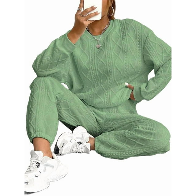 Conjunto Deportivo de Dos Piezas para Mujer: Sudadera y Pantalón Deportivo de Cuello Redondo Liso y Holgado, Conjunto de Jersey para Estar en Casa. Verde L