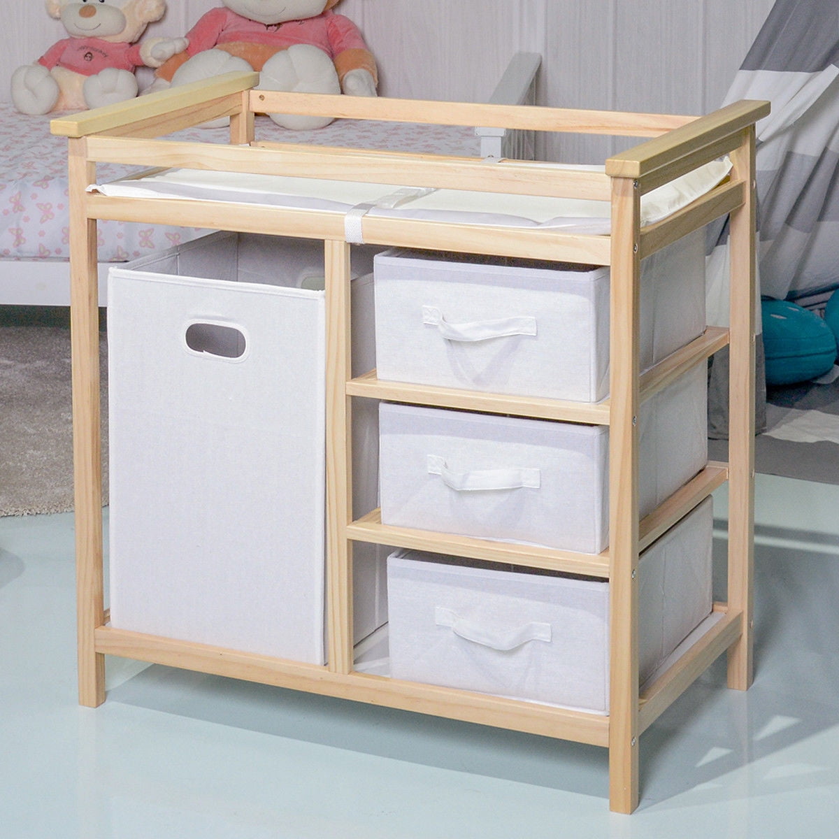 Costway Natural Infant Baby Changing Table W 3 Basket Hamper Diaper Costway Natural Infant Baby Changing Table W 3 Basket Hamper Diaper Storage Nursery