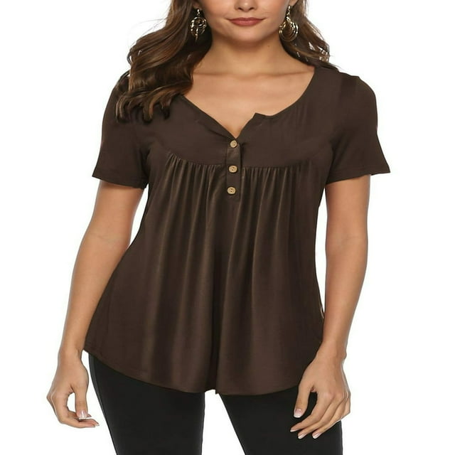 Womens Summer Plus Size Tunic Tops Short Sleeve Blouses Casual Floral Henley Shirts