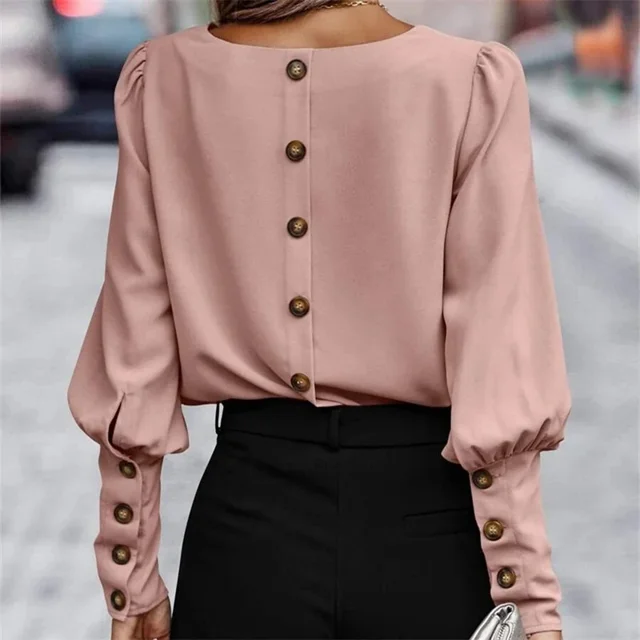 Cárdigan de una sola botonadura en la espalda para mujer, Tops elegantes, camiseta de manga de linterna de Color sólido, camisetas de viaje cómodas para mujer, nuevo
