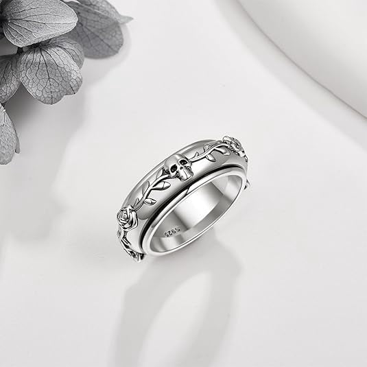 Skull Fidget Spinner Ring 925 Sterling Silver Anxiety Ring for Women Gothic Jewelry Gift for Men(Size 8)