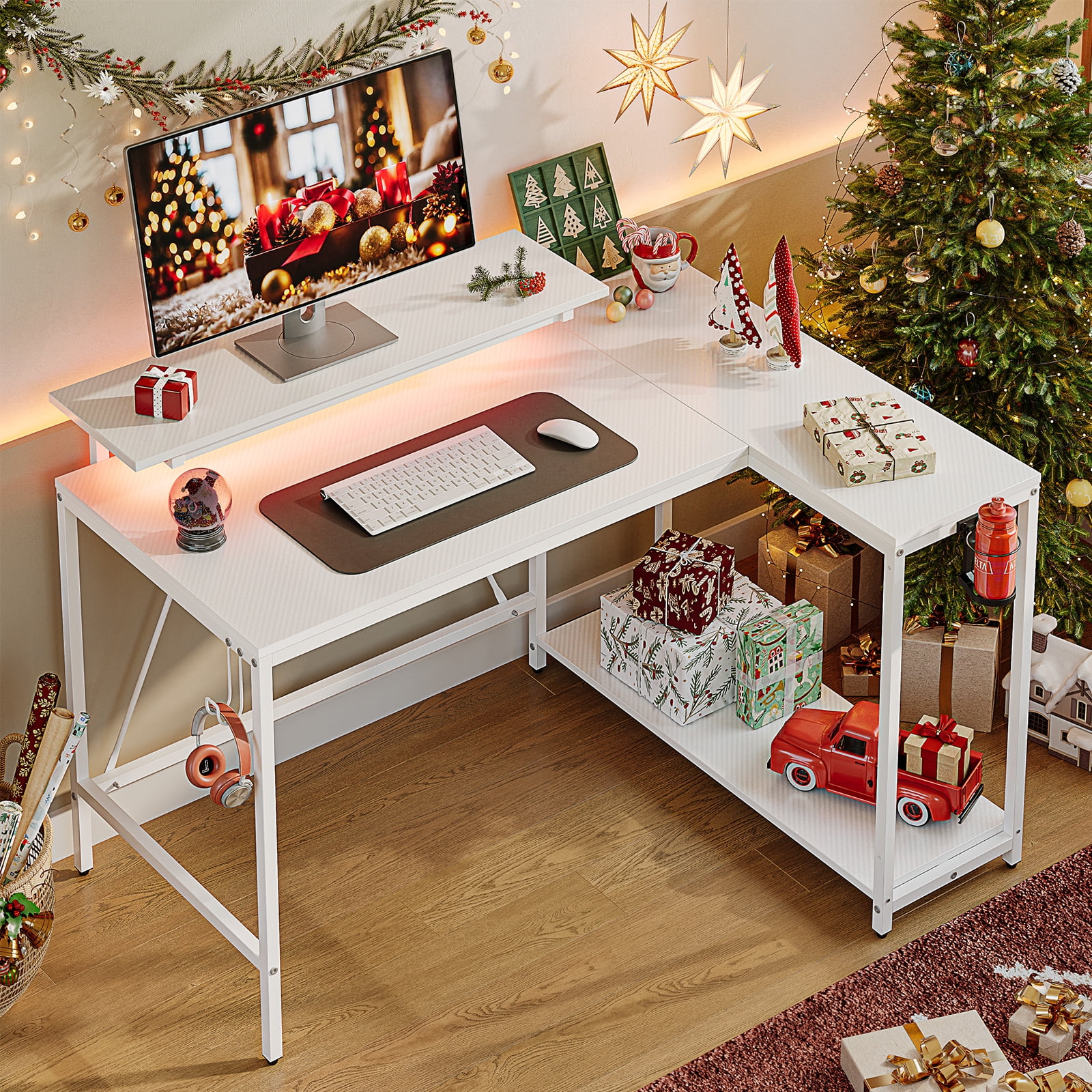 Pinmoco 42" Reversible L-Shaped Gaming Desk with Monitor Stand, LED Lights& Headset Hooks, Home Office, Carbon Fiber White