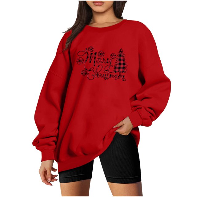 Leapfrogs Hauts pour Femmes en Liquidation, Joyeux Noël, Col Rond, Imprimé Uni, Manches Longues,/chemise/rouge,(m)