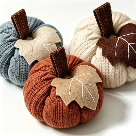 Faux Fall Harvest Crochet Pumpkins - Small Knit Rustic Farmhouse Foam Decor for Thanksgiving Halloween Autumn Mantel Table, Orange