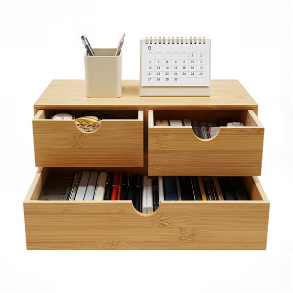DUYIWAA Desk Organizer Mini Bamboo Storage Cabinet Tabletop Storage Organization Box with 3 Drawers for Office Home