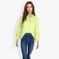 thumbnail image 3 of Women's Long Sleeve Button-Down Shirt with Roll-Up Sleeves and Front Pocket Casual Loose Fit Blouse- Small, Green, 3 of 6