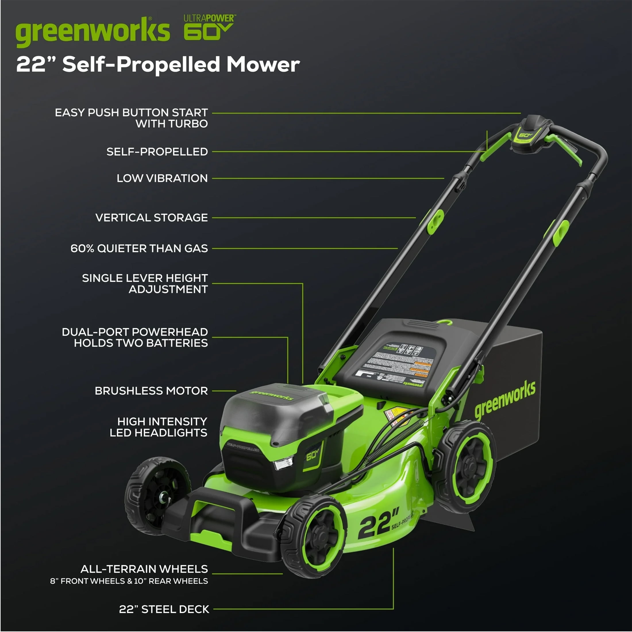 Greenworks, Walk-Behind Mower, 811-00, 60V 22 inch Brushless Battery Self-Propelled
