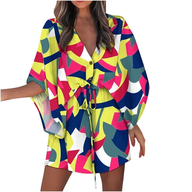 Pompotops Women's Summer Casual Button Front Printed V-Neck Loose Half Sleeve Drawstring Dresses