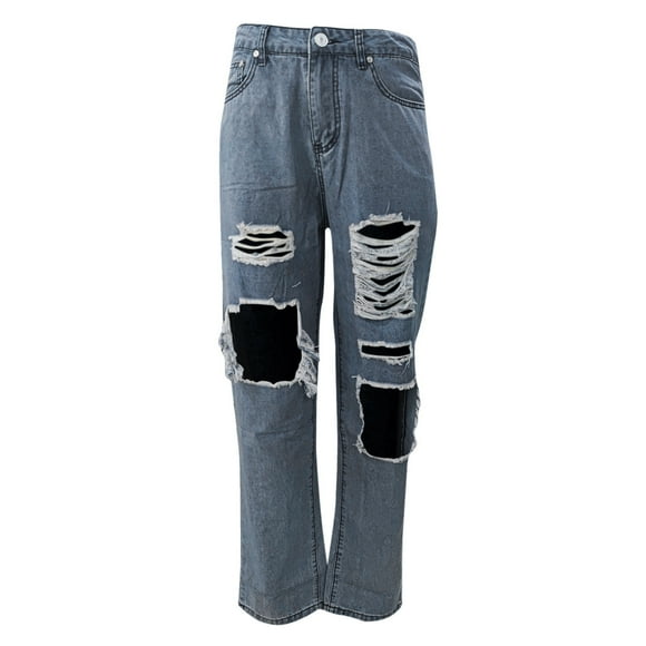 Bmisegm Denim Elastic Waist Trousers Button Jeans Hole High Pants Pocket Loose Women Pants Y2K Jeans for Women Blue S