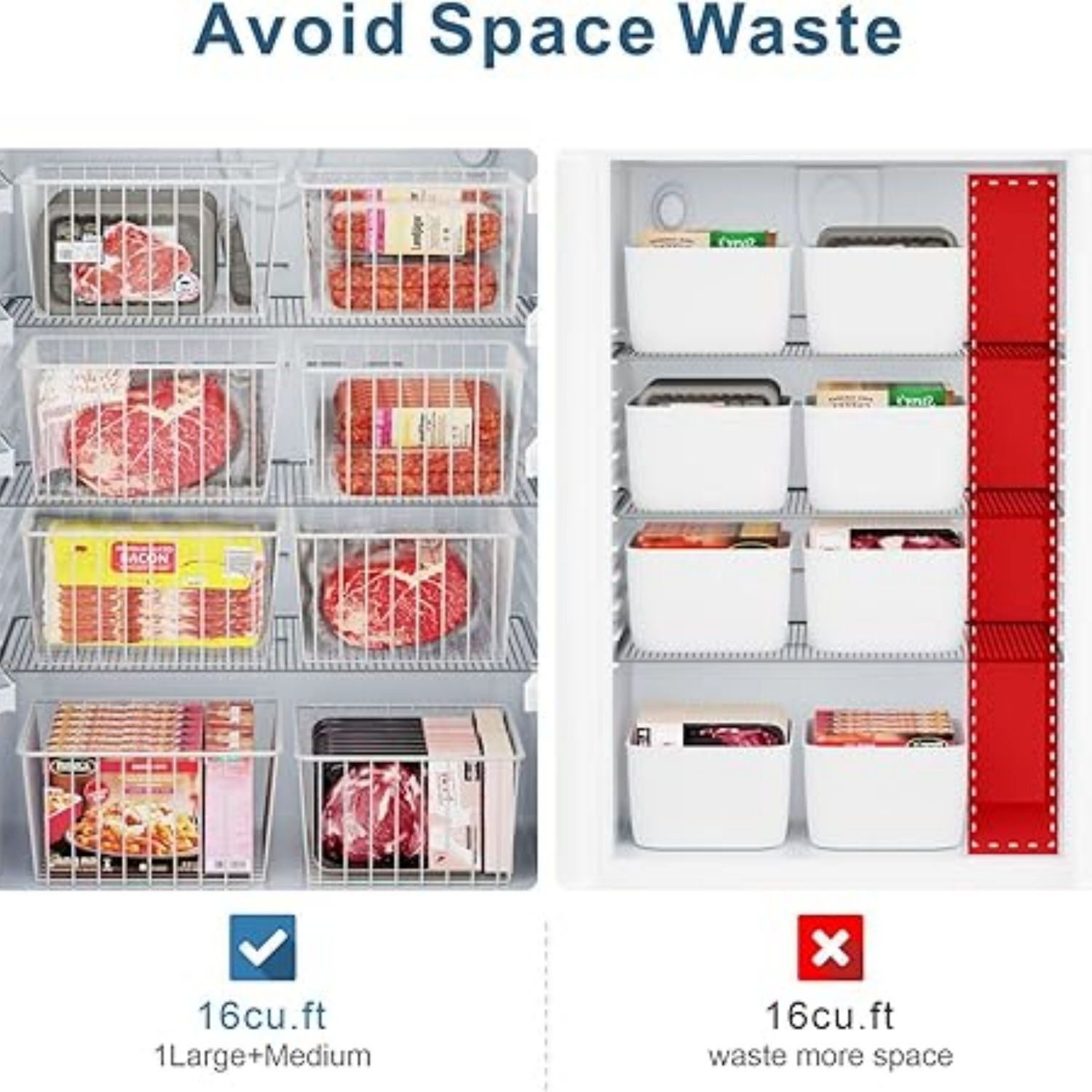 Freezer Organizer Bins - 4 Pack Upright Freezer Baskets for 16/17 / 21 Cu.Ft Stand up Freezer, Easily Get Food, Stop Food Fall out from Freezer Better Ventilation, 2 Large 2 Medium, White