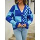 thumbnail image 5 of Cárdigan de Larga con Botones y Cuadros en Bloques de Color para Mujer, Suéteres de Punto A Cuadros, Ropa Y2K Azul S, 5 of 10