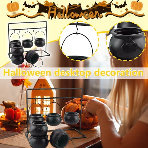 Halloween Party Mini Witch Cauldron Candy Bowl Black Plastic Bucket Stand Tabletop Yard Decor Spooky Holiday Party Prop for Home Porch Display